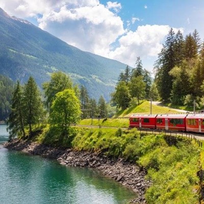 TREES, LAKE, TRAIN, ROCKS, CLOUDS, SKY, MOUNTAINS, JOURNEY, LANDSCAPE, GRASS, ROAD, CARRIAGES