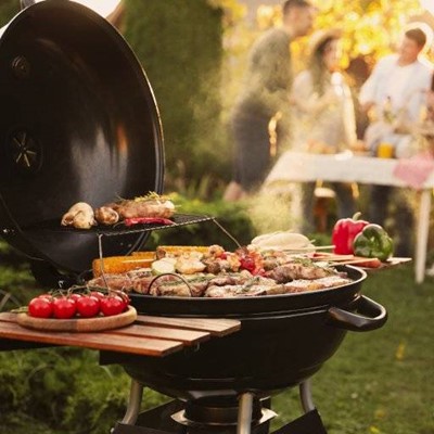 PEPPERS, MEAT, CORN, SKEWERS, TABLE, GROUP, BARBECUE, TOMATOES, OUTDOORS, GRILL, GARDEN, FRIENDS