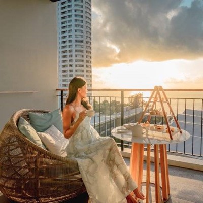 CUP, CHAIR, SUNSHINE, FOOD, TEAPOT, BUILDING, DRESS, CUSHIONS, VIEW, CLOUDS, ROOFTOPS, BALCONY