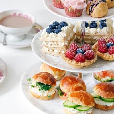 TEA, CUP, RASPBERRIES, CAKES, CUCUMBER, CRESS, SAUCER, PASTRY, CREAM, EGG, PLATE, PROFITEROLE