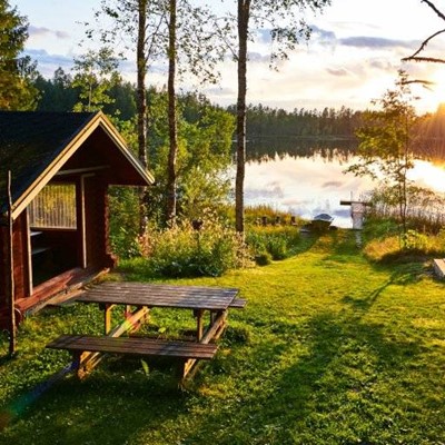 CABIN, LAKE, WOOD, GRASS, FOREST, SUNSET, NATURE, BENCH, TREES, OUTDOORS, WINDOW, TRANQUIL