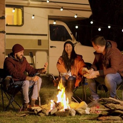 FRIENDS, CAMPING, COATS, HATS, CAMPFIRE, LIGHTS, FLAMES, CHAIR, LAUGHTER, CAMPER, FIREWOOD